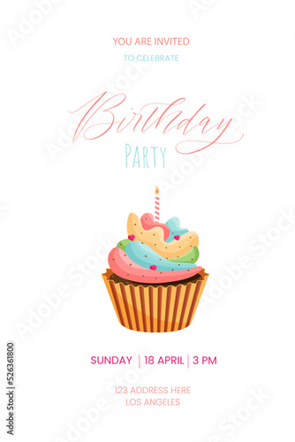 Birthday card with cupcake. Vector illustration. Postcard  card. cover  invitation template.