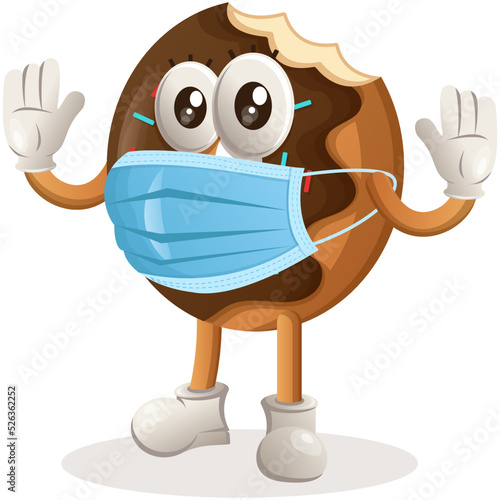 Cute donut mascot wearing medical mask, protect from covid-19. Perfect for food store, small business or e-Commerce, merchandise and sticker, banner promotion, food review blog or vlog channel