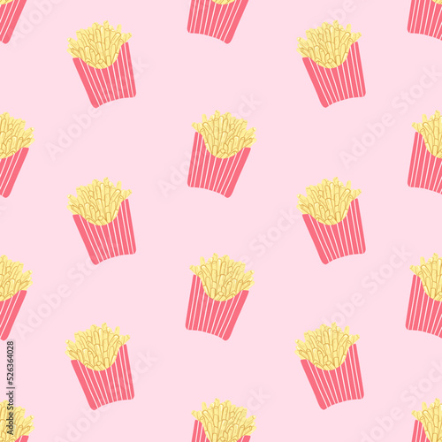 Seamless pattern with french fries on a pink background. Potato in paper box. Vector illustration of fast food. Doodle style