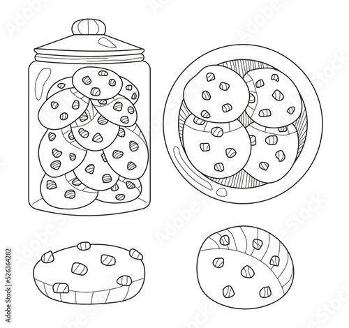 cookies in a jar and plates, one cookie in the style of a sketch