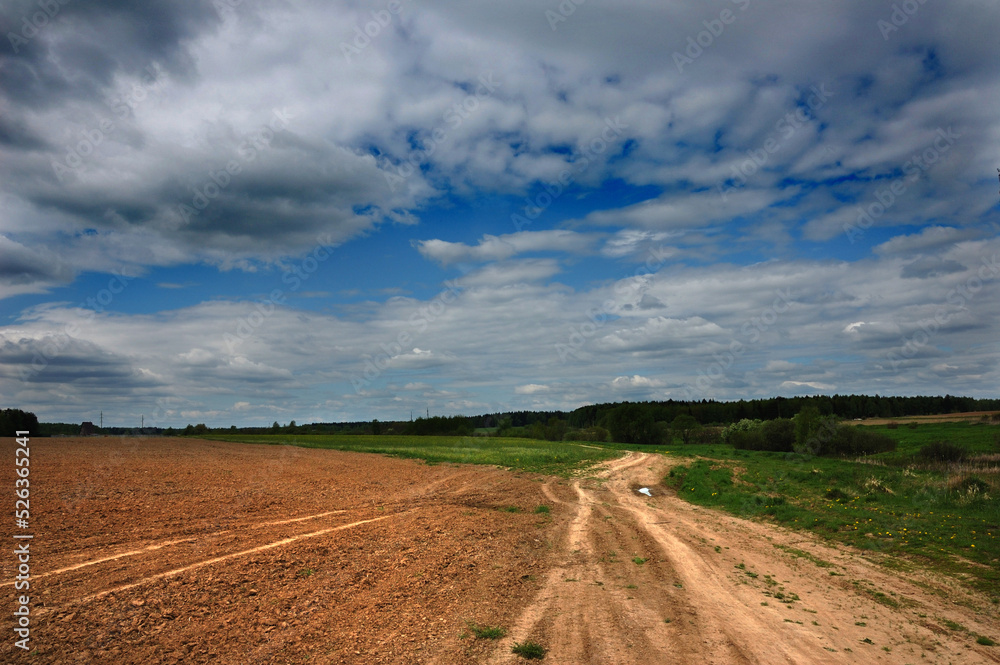 The road outside the city.  View of a dirt road among spring fields. The first grass turns green. Light summer clouds float in the blue sky. Moscow region, Russia