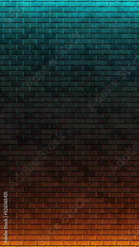 Vertical Brick wall, background, neon light Blue Cian Orange