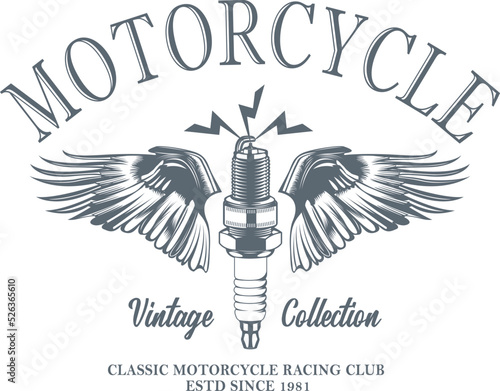 T-shirt vintage design illustration of the motorcycle spark plug with wings. Chest print