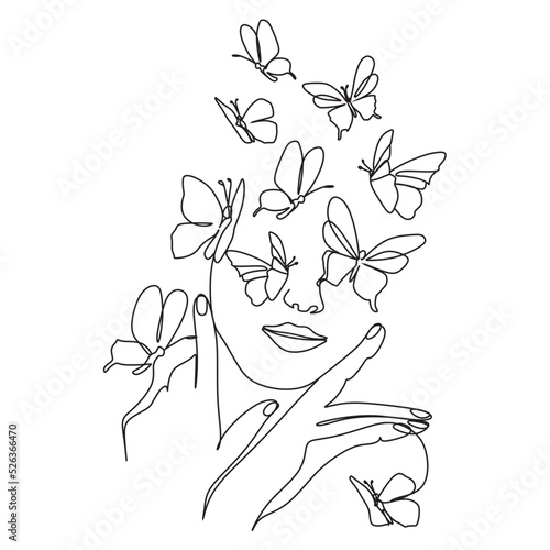 Woman face with butterfly. Line art female hands with butterflies. Abstract face with butterfly by one line vector drawing. Portrait minimalistic style. Botanical print. Nature symbol of cosmetics. 