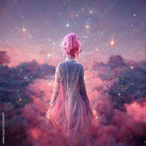 goddess of the ethereal with pink hair in clouds  photo