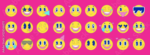 Retro style emoji stickers set.Vector illustration psychedelic style