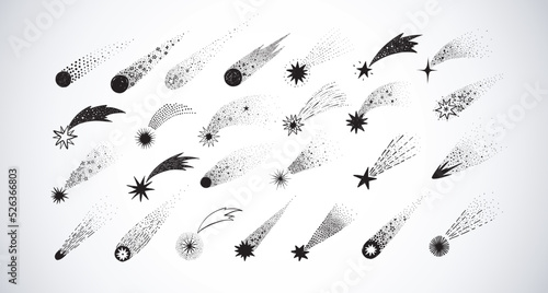 Collection of doodle comets, meteorites and shooting stars on white background. Vector sketch illustration.