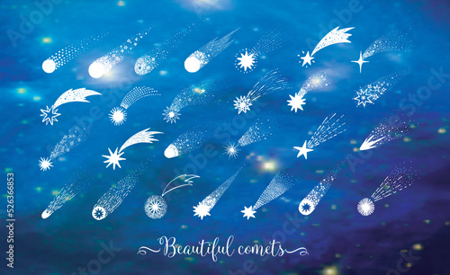 Collection of doodle comets, meteorites and shooting stars on blurred blue space background. Vector sketch illustration.