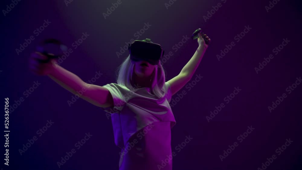 Closeup woman enjoying VR experience alone. Digital future innovation concept Closeup woman enjoying VR experience alone. Digital future innovation concept