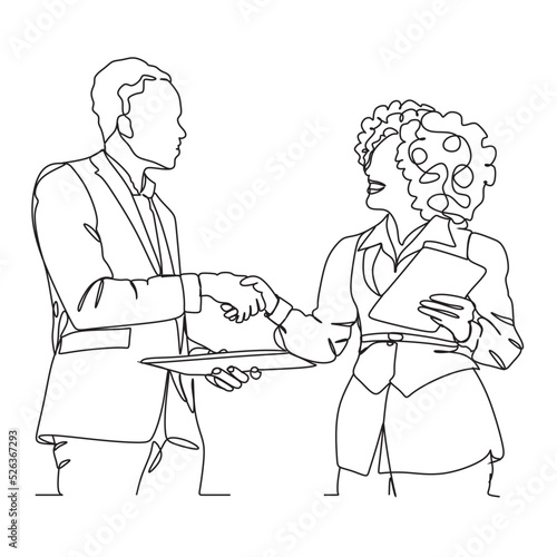 Business people One line drawing. Business woman. Business man. Continuous one line drawing of business people standing with  confident pose. Minimalism design. Vector illustration.One line art.