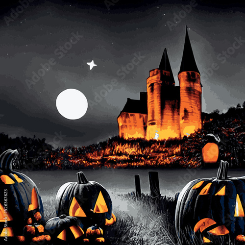 Halloween spooky graveyard flat vector background. Scary haunted house at night cartoon illustration. Horror moon, pumpkins and tombstones creepy backdrop.