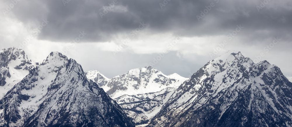 Snow Covered Mountains in American Landscape. Spring Season. Grand Teton National Park. Wyoming, United States. Nature Background.