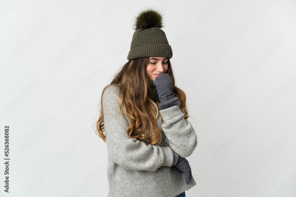 Young caucasian woman with winter hat isolated on white background having doubts Young caucasian woman with winter hat isolated on white background having doubts