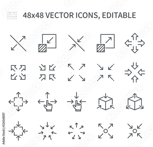Simple vector line icons. On the topic of scalable with magnification. Contains values ​​such as increase, decrease, resize, and others.