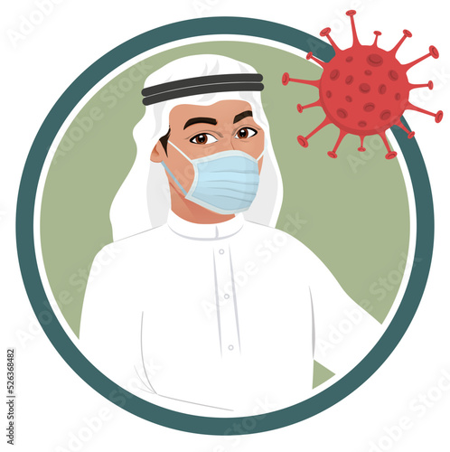 Arab Muslim Saudi man wearing medical mask during corona virus crisis. Arab male avatar icon or picture for awareness, precaution & prevention against coronavirus covid19.