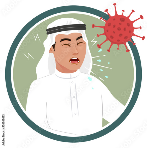 Arab man coughing or sneezing. Saudi muslim boy infected by corona virus, showing symptoms of covid19 coronavirus flu infection. Arab male feeling sick or ill.