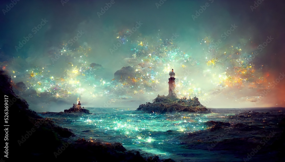輝く　美しい　海　灯台 イラスト