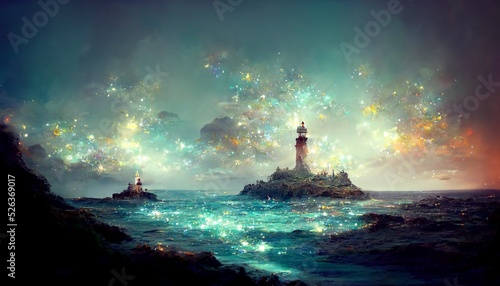 輝く 美しい 海 灯台 イラスト