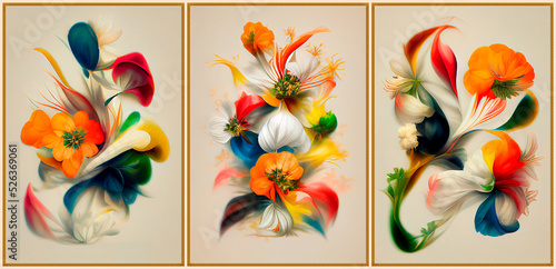 Triptych wall panel of bright bouquets of flowers in gold frames. 
