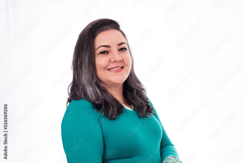 portrait of young brazilian lady with gray hair on white background.