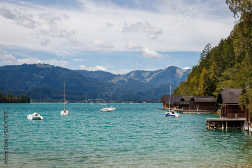 Boats on lake Wolfgangsee at Salzkammergut, Alps mountain, Austria