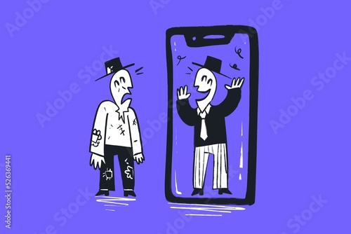 Hypocrisy of socials - Depressed person showing fake life on social networks - Comic illustration in cartoon style for web, banner, post, socials photo
