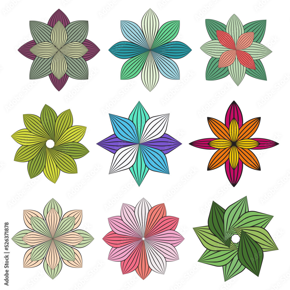 Collection of Colorful Abstract Flower Icons. Abstract Round Flowers Collection of Colorful Abstract Flower Icons. Abstract Round Flowers