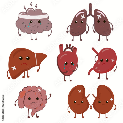 Set of cute cartoon internal organs with sad faces and bandages