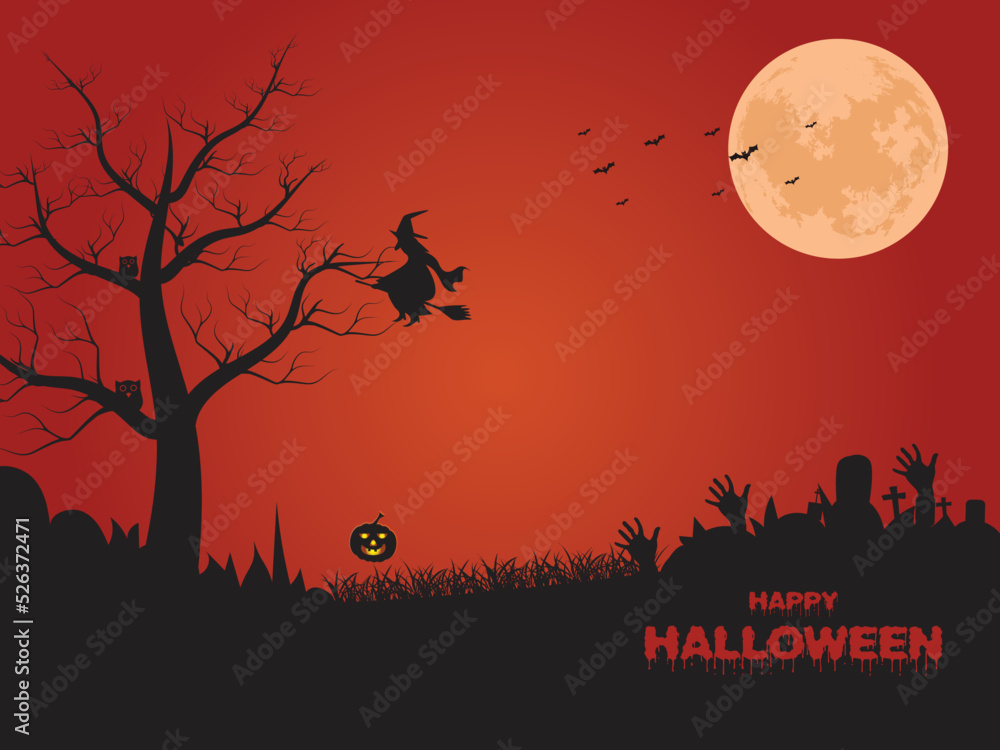 Halloween party bats flying at moon night with trees and pumpkins