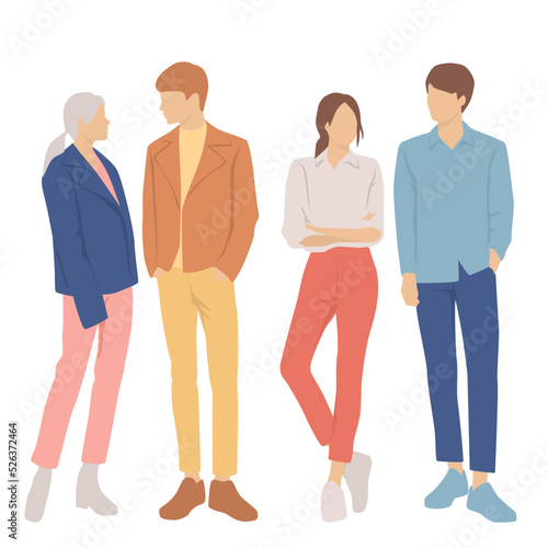  Set of young men and women, different colors, cartoon character, group of silhouettes of standing business people, students, the design concept of flat icon, isolated on white background