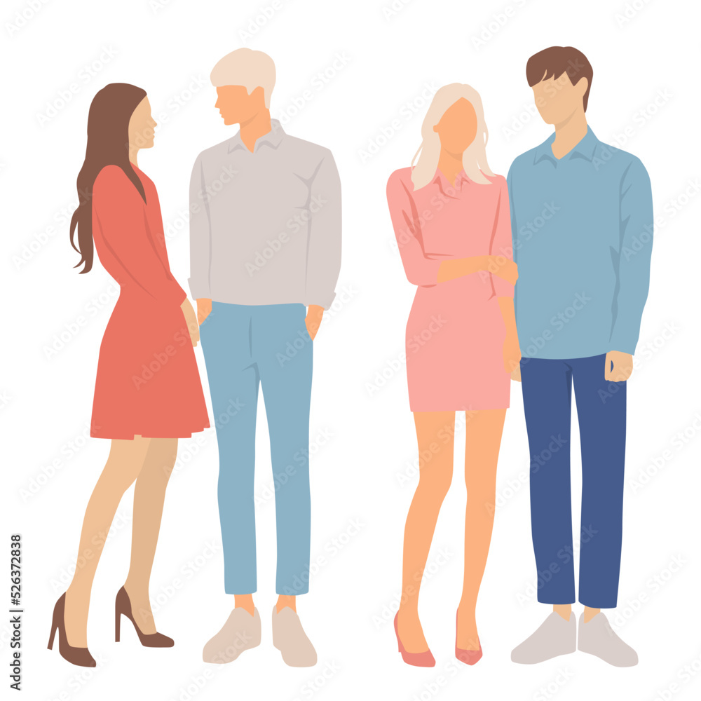 Obraz premium Set of young men and women, different colors, cartoon character, group of silhouettes of standing business people, students, the design concept of flat icon, isolated on white background