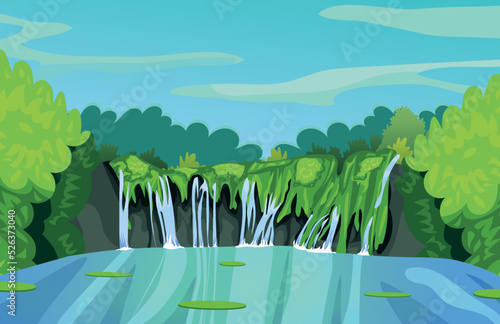2D game background beautiful natural waterfalls in the middle of the forest
