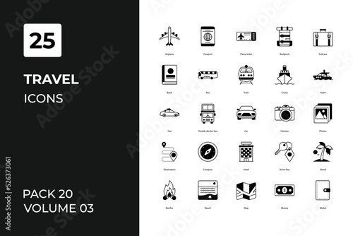 Travel icons collection. Set contains such Icons as airplane, baggage, beach, more 