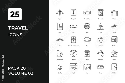 Travel icons collection. Set contains such Icons as airplane, baggage, beach, more 