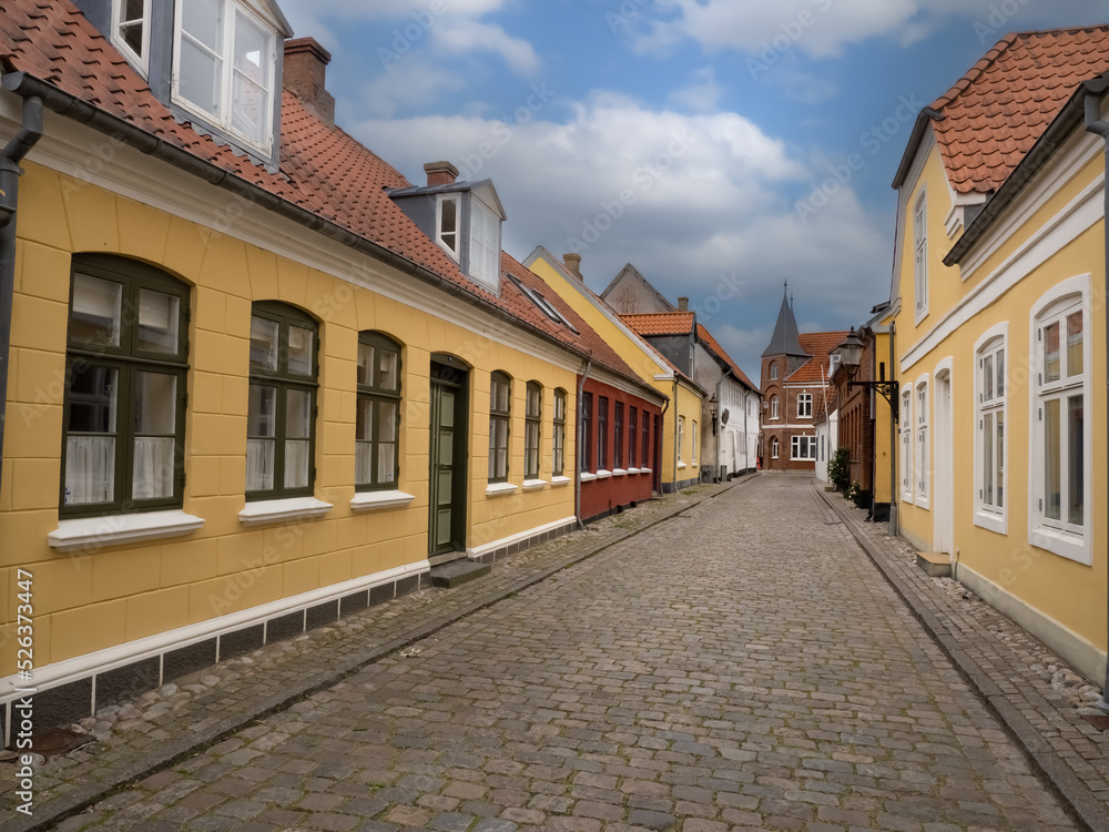 Street scenes in the historical town of Ribe, South West Jutland, Denmark. The oldest town in Denmark and in Scandinavia, established in the early eighth century in the Germanic Iron Age.