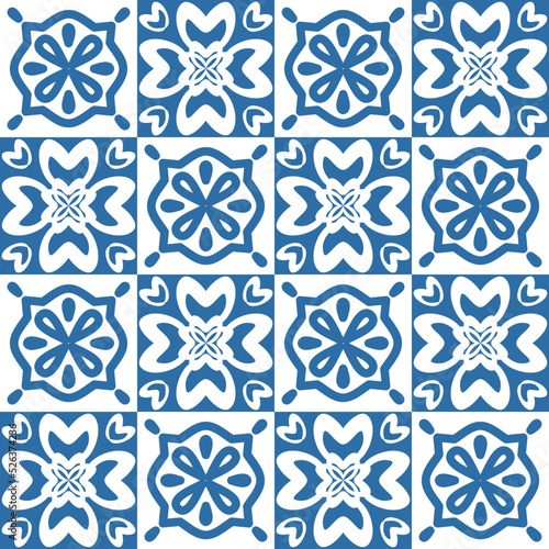 Retro motif of Azulejo ceramic tiles for decoration. Blue square geometric