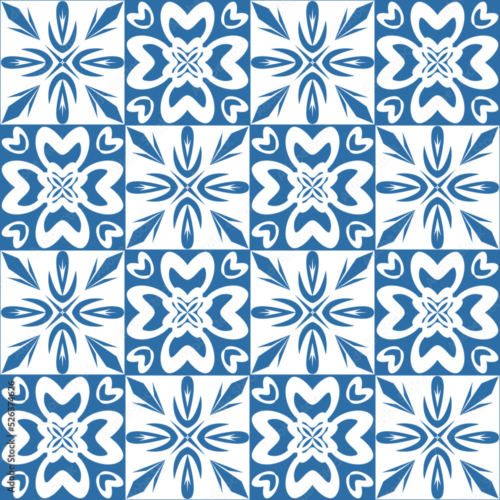 Azulejo ceramic tiles retro motif for interior decor, blue indigo geometric vector Illustration