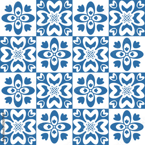Azulejo ceramic tiles retro motif for interior decor, blue indigo geometric vector Illustration © OlgaKorica