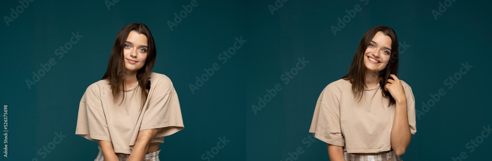 Collage of happy emotions. Set of two portraits with positive emotions of young brunette girl in beige oversized t-shirt on cyan background. Young woman grimacing on camera. Collage of happy emotions. Set of two portraits with positive emotions of young brunette girl in beige oversized t-shirt on cyan background. Young woman grimacing on camera.