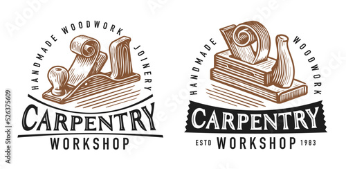 Carpentry work, repair emblem. Badge set for wood workshop or joiner craft studio. Carpenter tool planer symbol vector