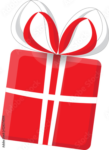 Red gift box illustration with red and white bow, flat 