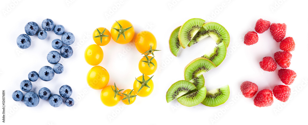 New year 2023 made of fruits on the white background. Healthy food New year 2023 made of fruits on the white background. Healthy food