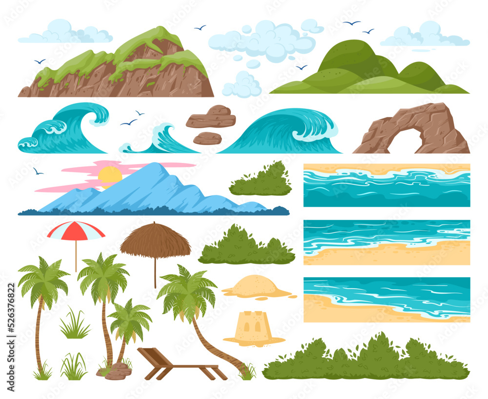 Cartoon beach landscape elements, tropical view constructor. Beach, ocean or sea waves, tropical palms, mountains green trees flat vector illustrations set. Summer beach constructor