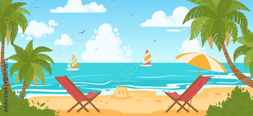 Cartoon summer seaside beach landscape. Nature paradise seashore view, tropical beach, palm tree and sky landscape flat vector illustration. Ocean view panorama