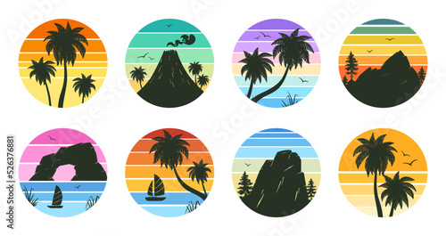 Cartoon retro gradient emblems, sunset 80s style badges. Summer beach palm trees landscape 90s round stamps flat vector illustration set. Tropical sunset gradient symbols