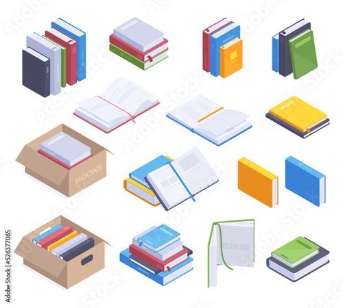 Isometric books, fiction, fantasy or educational literature, bookstore collection. School books, encyclopedia and textbook 3d vector illustration set. Book piles collection