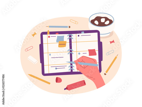 Hand holding pencil, fiat writing hand, female arm filing planner. Cartoon hand making notes isolated flat vector illustrations set. Writing hand signing documents