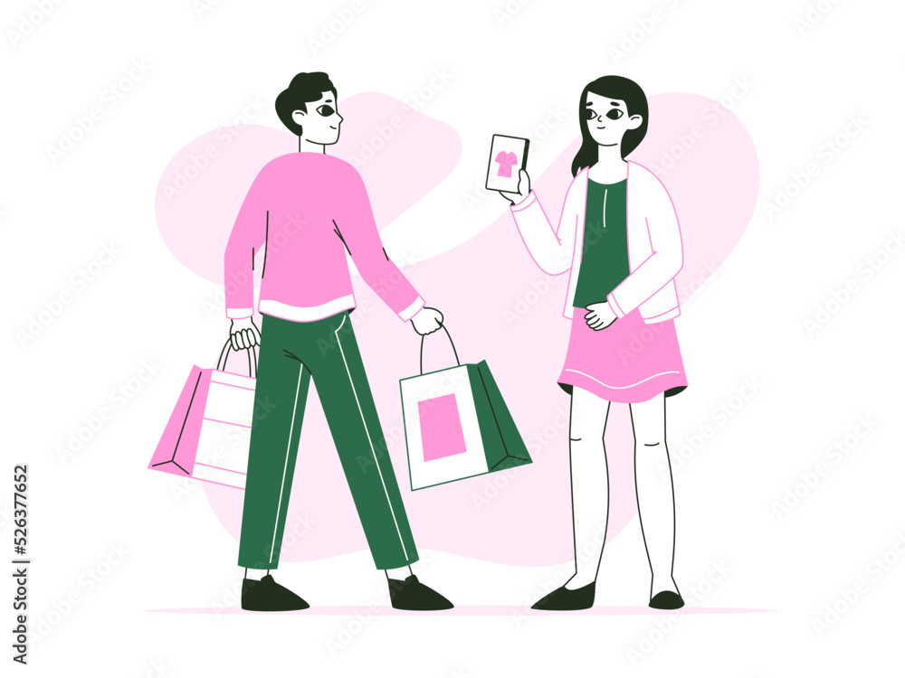 Shopping characters, young couple buying goods together. Online internet purchases, retail clothing store customers flat vector illustration. Mobile shopping scene