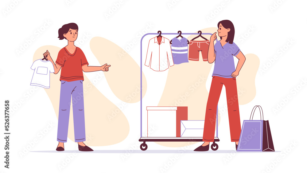 Shopping people, happy young girls walking together. Online or offline purchases, female characters choosing outfits, clothes store buyers flat vector illustration. Retail shopping scene Shopping people, happy young girls walking together. Online or offline purchases, female characters choosing outfits, clothes store buyers flat vector illustration. Retail shopping scene