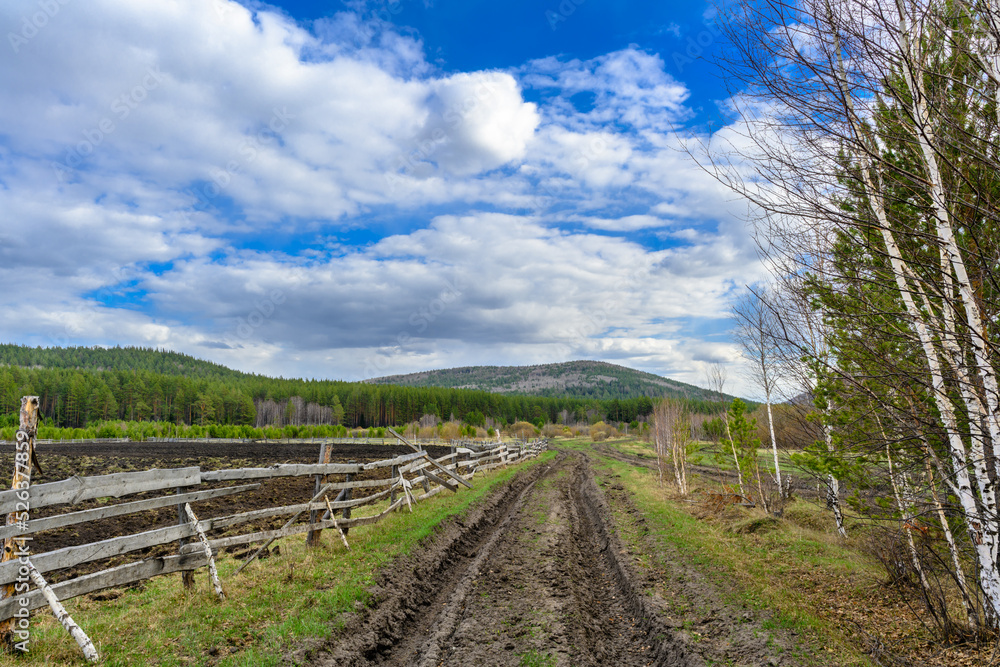 South Ural farm, wooden fence and arable land with a unique landscape, vegetation and diversity of nature. South Ural farm, wooden fence and arable land with a unique landscape, vegetation and diversity of nature.